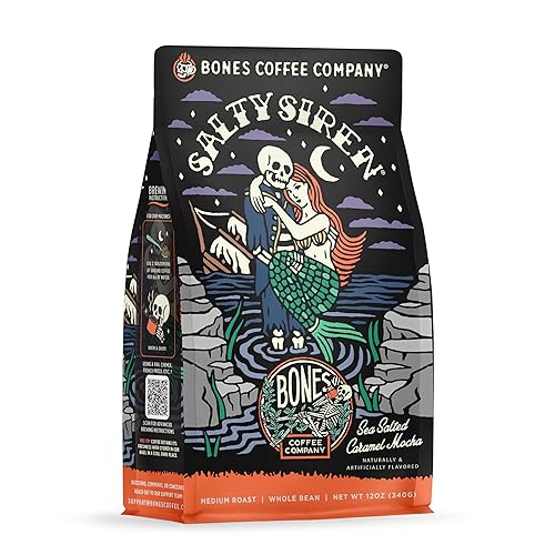 Bones Coffee Company Salty Siren, Sea Salted Caramel Chocolate Flavored Coffee, Medium Roast Low Acid Arabica Beans Compatible with Auto drip