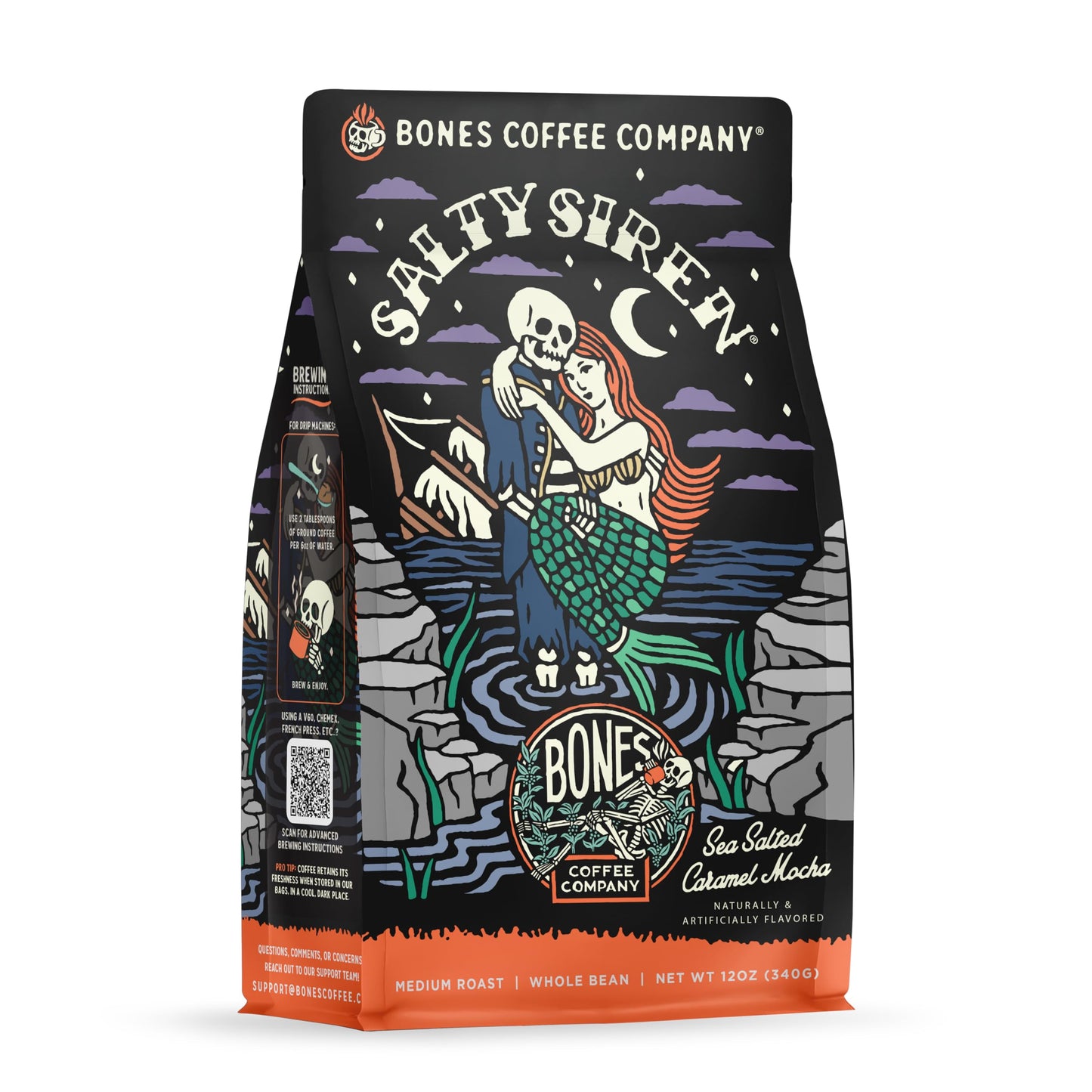 Bones Coffee Company Salty Siren, Sea Salted Caramel Chocolate Flavored Coffee, Medium Roast Low Acid Arabica Beans Compatible with Auto drip