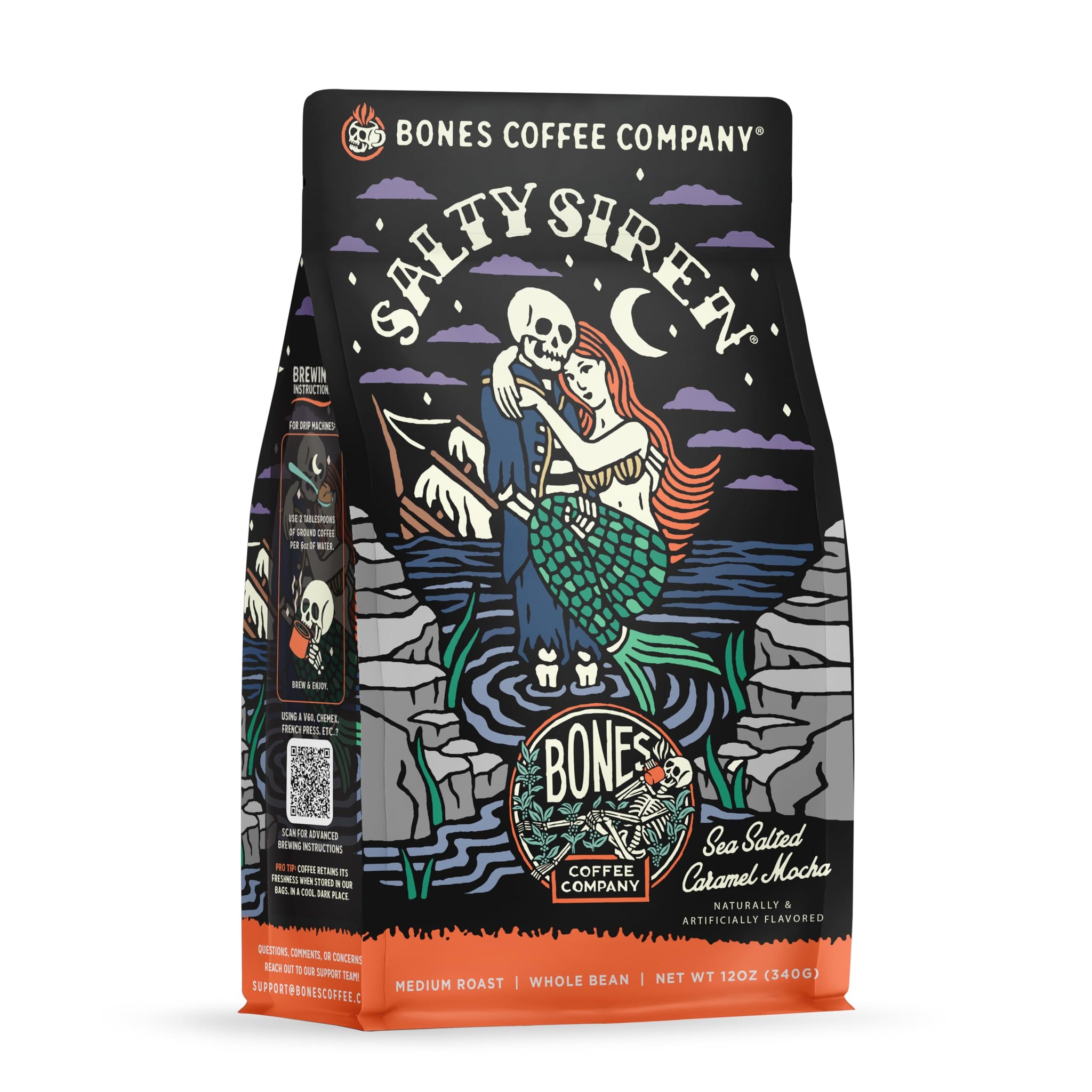 Bones Coffee Company Salty Siren, Sea Salted Caramel Chocolate Flavored Coffee, Medium Roast Low Acid Arabica Beans Compatible with Auto drip