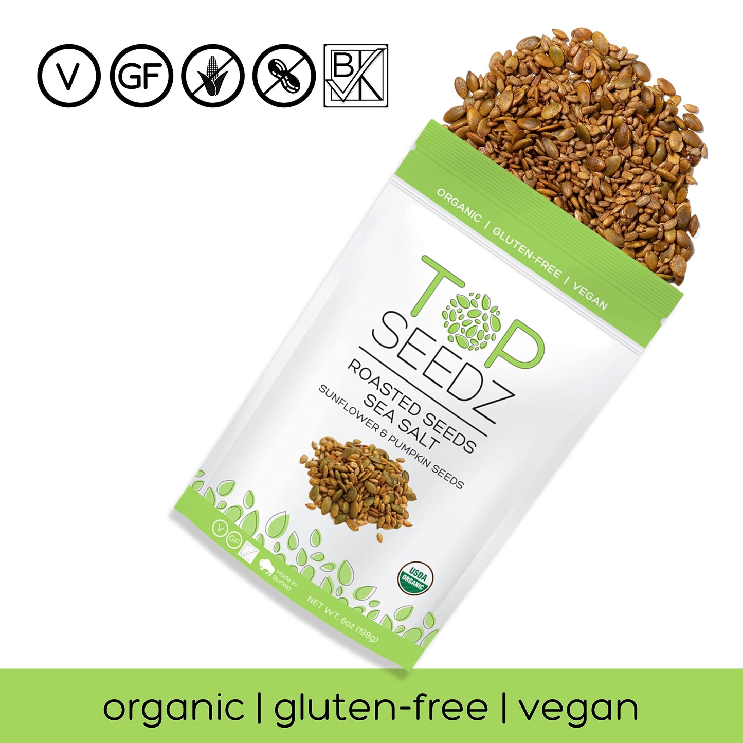 Top Seedz Certified Organic Gluten Free Vegan Sea Salt Roasted Seeds | 2-Pack | 6 Ounces | Made of Shelled Sunflower & Pumpkin Seeds, Sea Salt