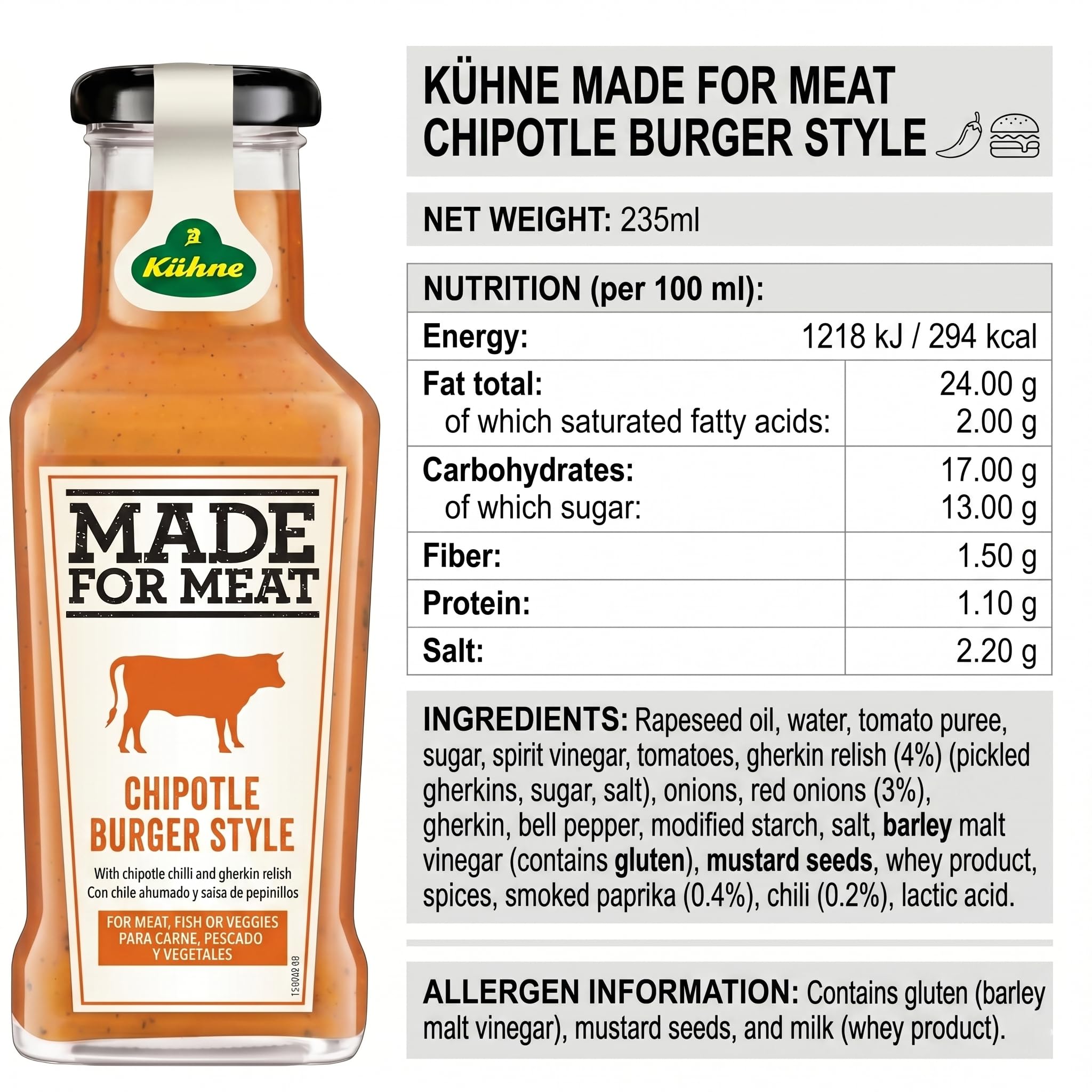Kuhne Chipotle Burger Sauce, Spicy-Tangy Chipotle Mayo, Fry Sauce for Burgers, Sandwiches and Fries, 7.94 oz Bottle