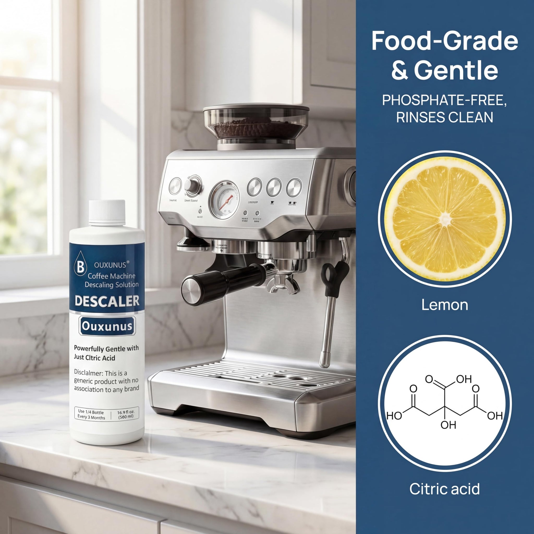 Ouxunus Descaling Solution?4 Uses? Compatible with Breville Descaling Solution & Coffee Machines, 16.9 fl oz Concentrated Liquid with Citric Acid