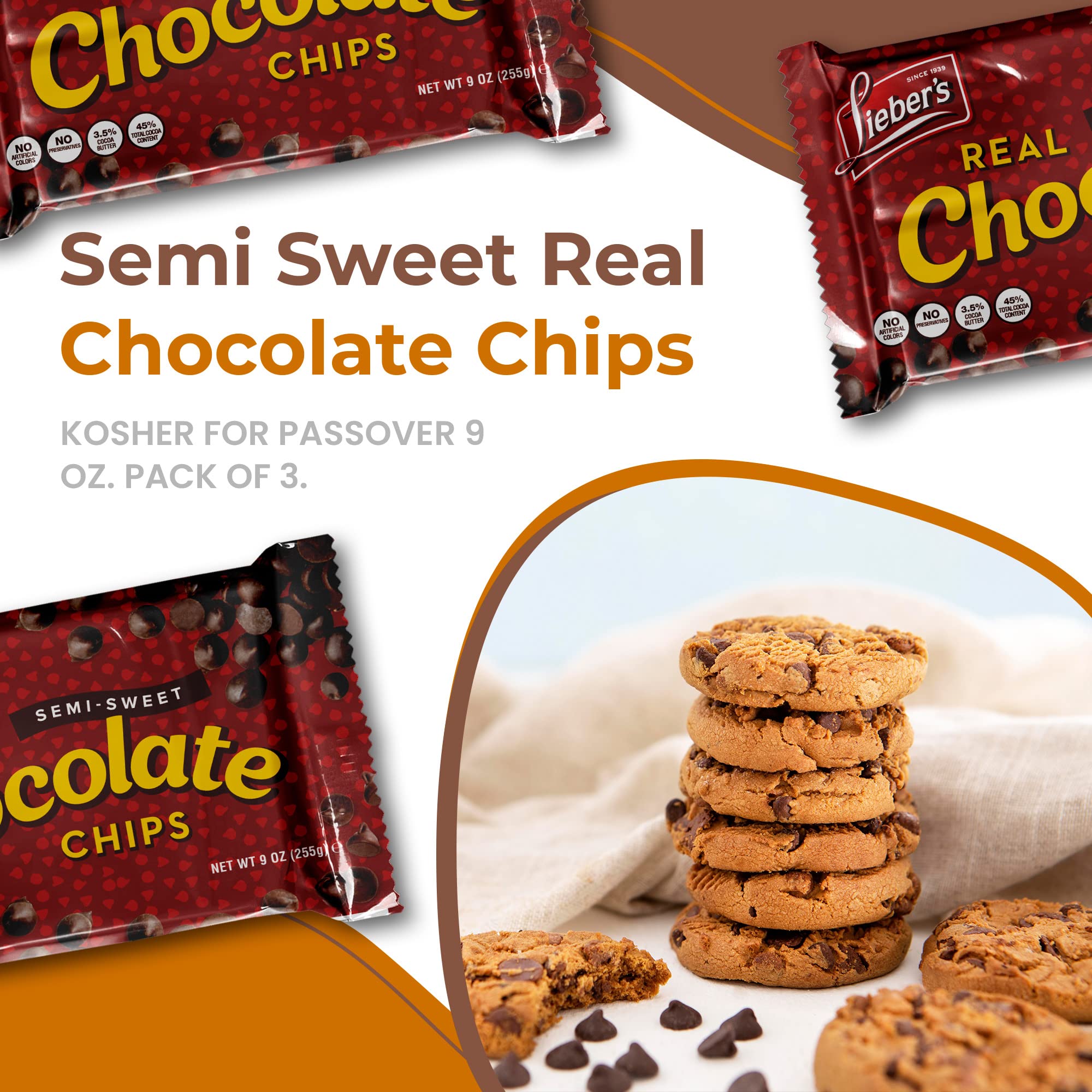 Lieber’s Vegan Semi-Sweet Real Chocolate Chips, 9 oz - Gluten Free, Dairy Free, Kosher Parve, Low Calorie Chocolate Chips for Baking (9 Oz Pack Of 3)
