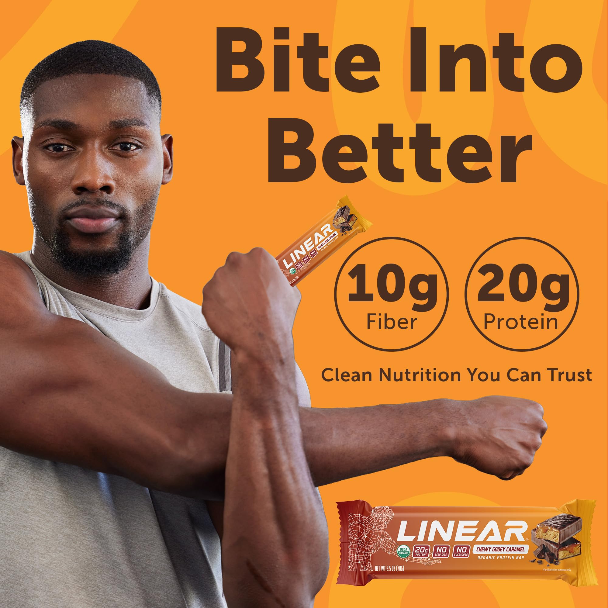 Linear Protein Bar Chewy Gooey Caramel, 20g Organic Whey Protein Bars, 10g Fiber, No Seed Oils, No Sucralose, USDA Organic, Gluten Free, 12 Pack