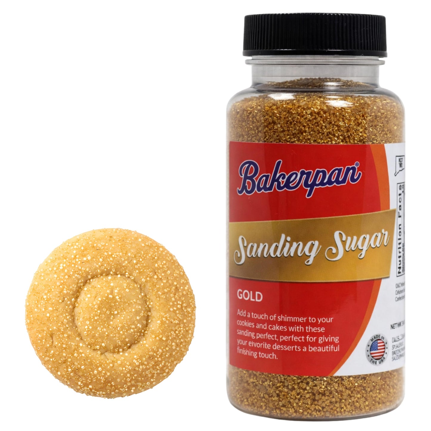 Bakerpan Gold Sanding Sugar for Baking & Cookie Decorating - 5 Ounce Edible Gold Sugar Sprinkles for Cookies, Cakes, Cocktails (Made In USA)