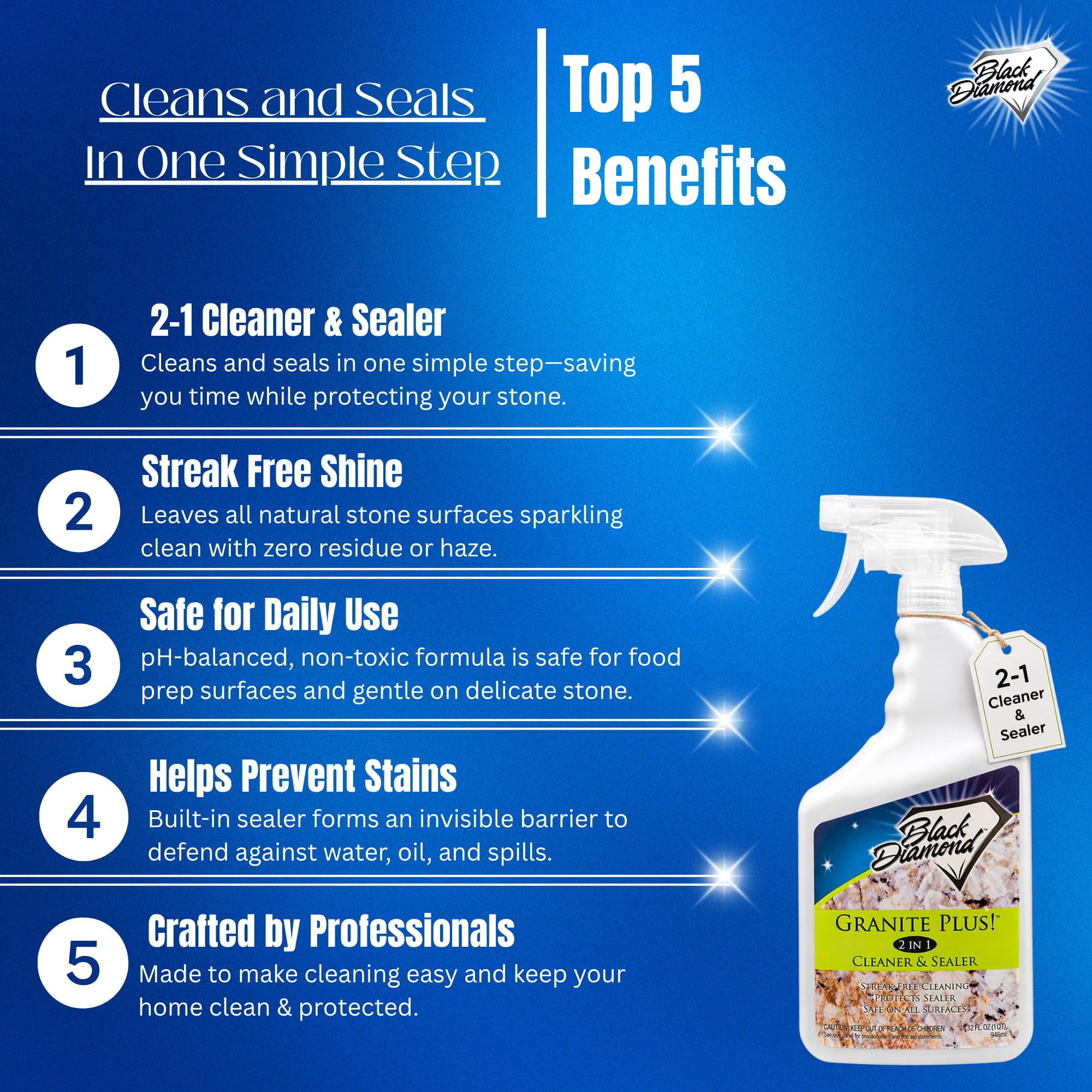 Black Diamond Stoneworks Granite Plus 2-in-1 Cleaner & Sealer, pH Neutral, Streak-Free Stone Cleaner for Granite, Marble, Quartz, Travertine