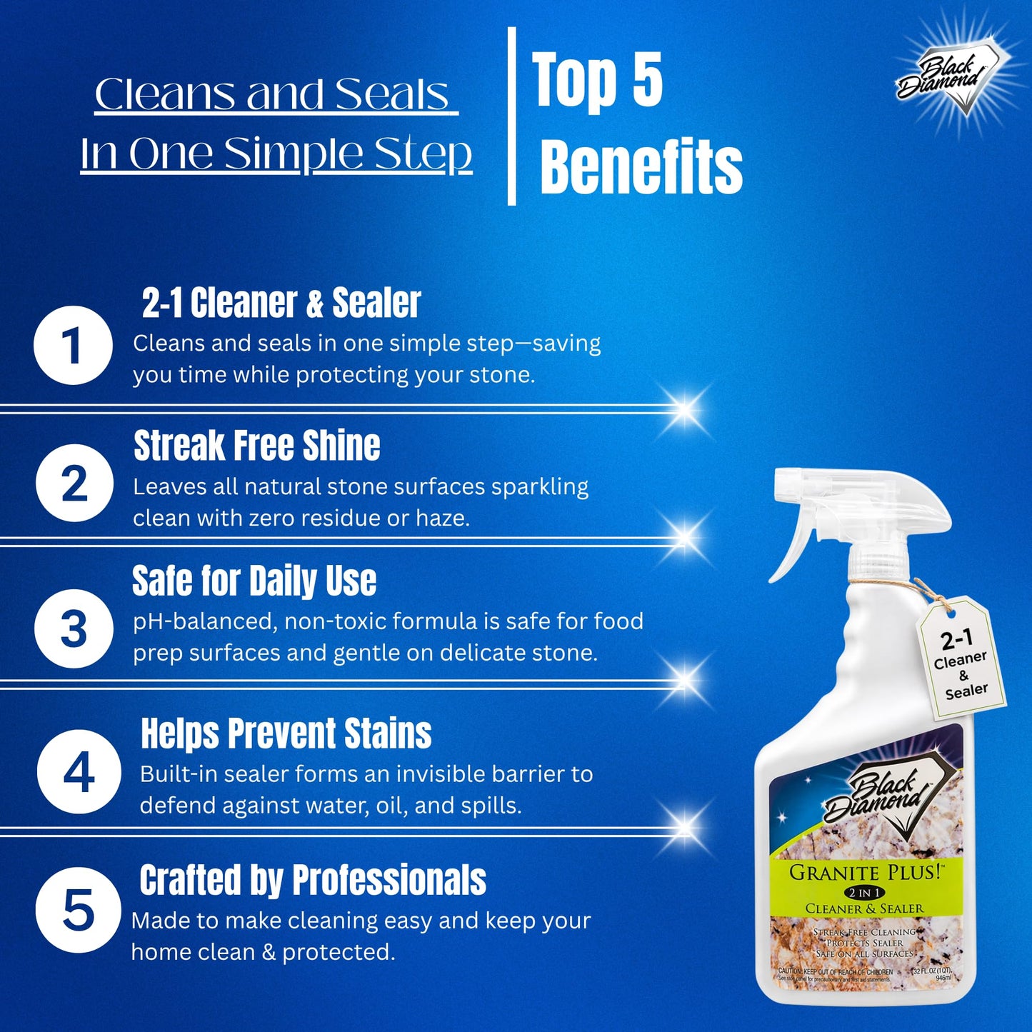 Black Diamond Stoneworks Granite Plus 2-in-1 Cleaner & Sealer, pH Neutral, Streak-Free Stone Cleaner for Granite, Marble, Quartz, Travertine