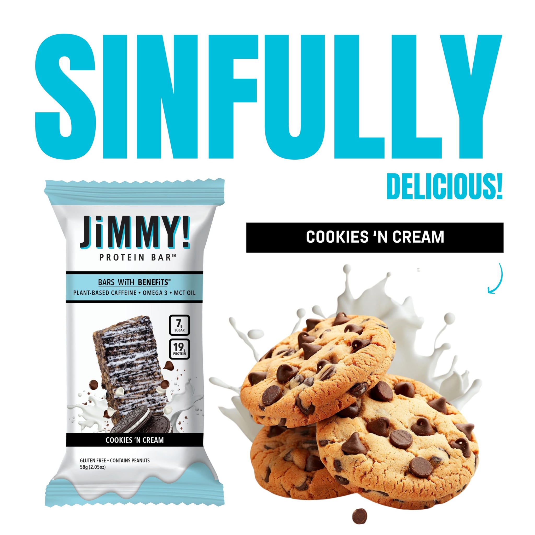 JiMMYBAR! - Cookies N Cream Protein Bars 19g Protein Bar - 7g Low Sugar - 12 Count - 58g Health Bars - Functional Snack with Real Food Ingredients