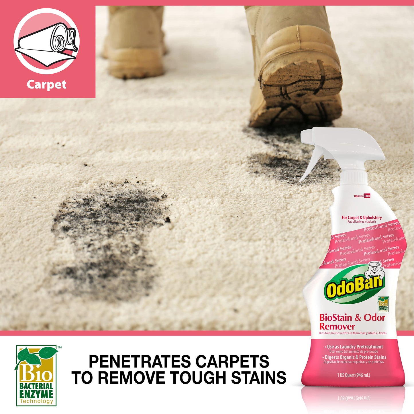 OdoBan Professional Cleaning BioStain and Odor Remover for Carpet and Upholstery, Made in the USA, 32 oz Ready-to-Use Spray 2-Pack