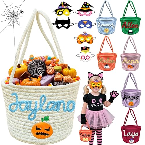 Personalized Halloween Basket Trick or Treat Bag Customized Name Custom Halloween Candy Buckets Gift for Boys Girls,White