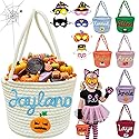 Personalized Halloween Basket Trick or Treat Bag Customized Name Custom Halloween Candy Buckets Gift for Boys Girls,White