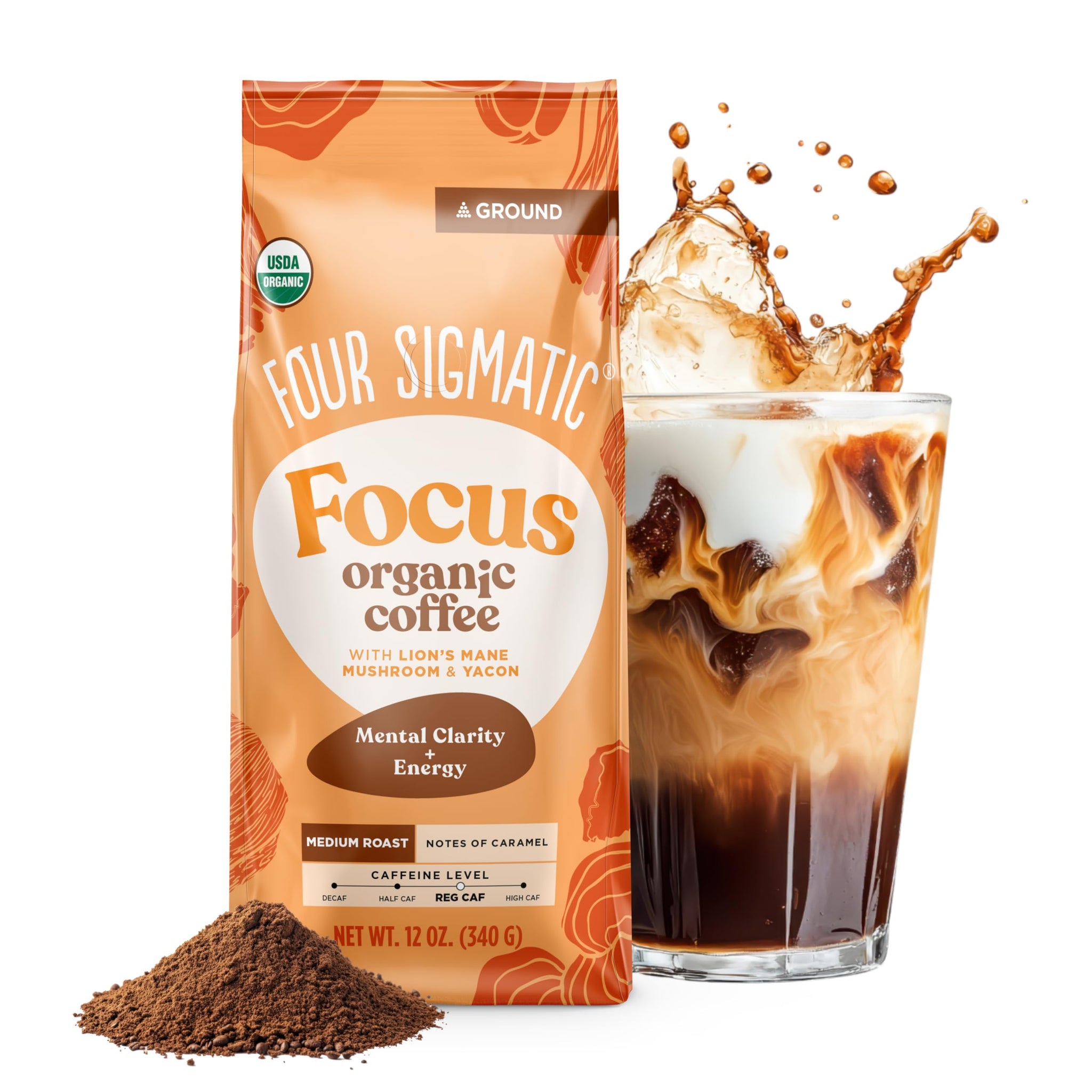 Four Sigmatic Focus Ground Coffee | Organic Ground Coffee with Lion's Mane Mushroom and Yacon for Mental Clarity & Energy Support | 12oz Bag