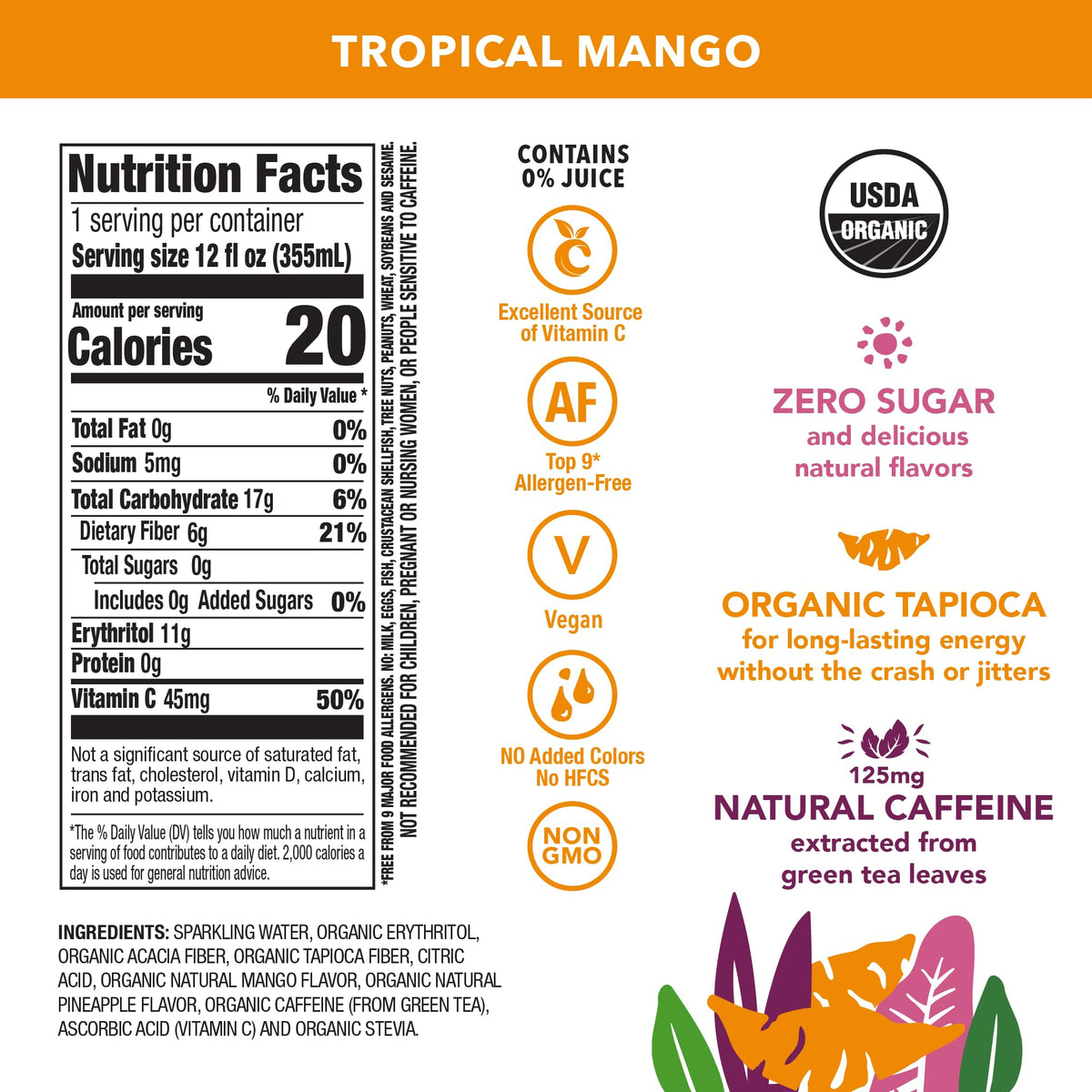 OCA ZERO Tropical Mango, Organic energy drink, zero sugar, gluten-free, vegan plant-based, 12 Fl Oz (12 pack)