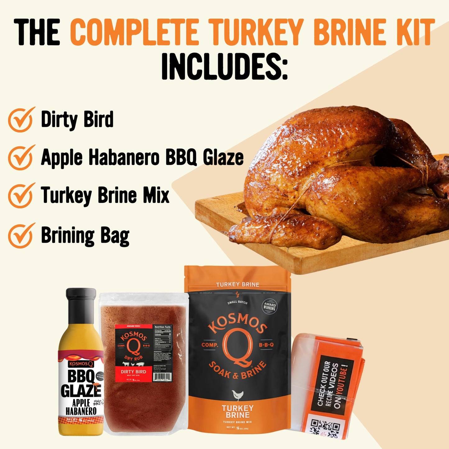 Kosmos Q Complete Turkey Brine Kit for Him, Turkey Brine, Dirty Bird BBQ Rub & Cherry Apple Habanero Glaze, All-in-One Turkey Seasoning Kit