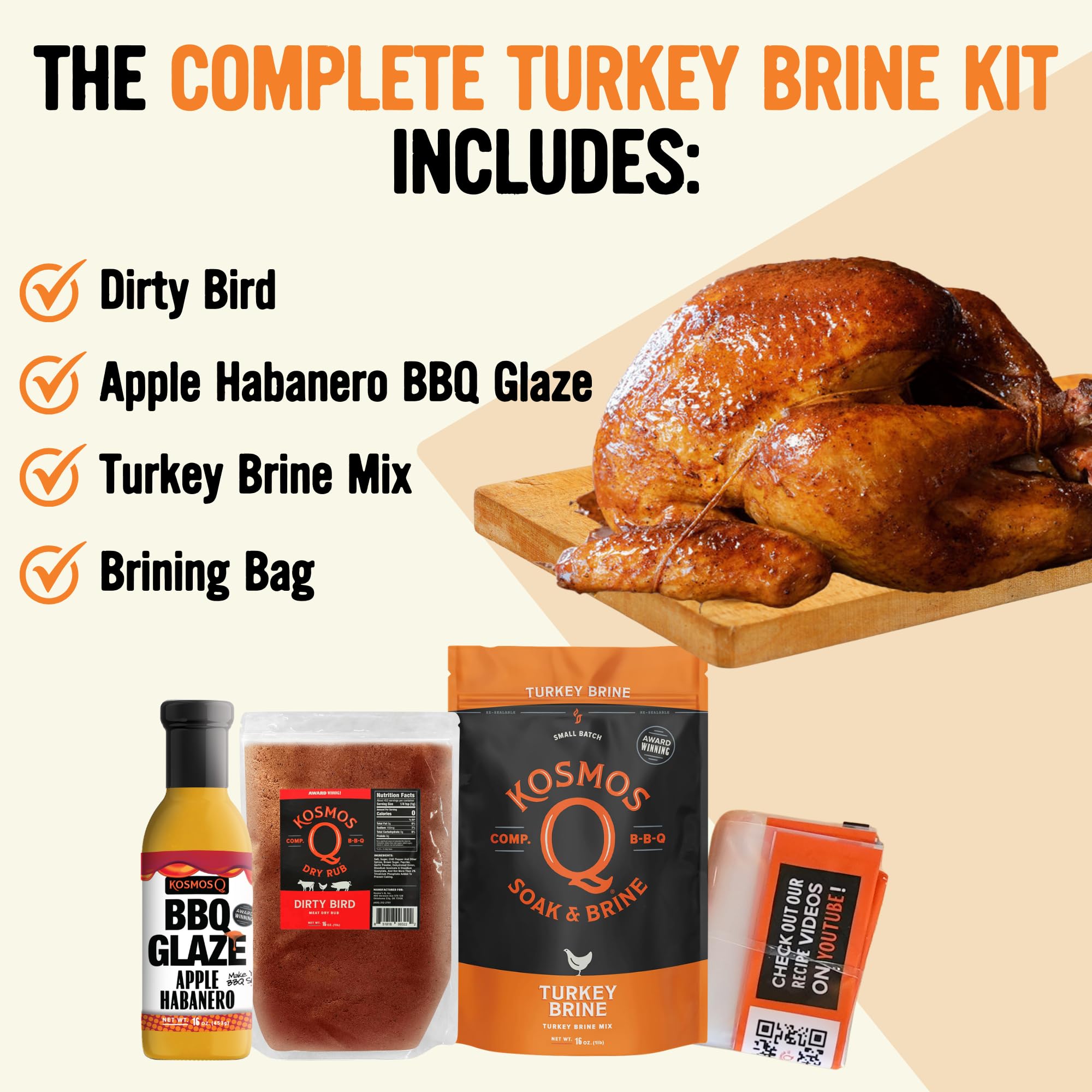 Kosmos Q Complete Turkey Brine Kit for Him, Turkey Brine, Dirty Bird BBQ Rub & Cherry Apple Habanero Glaze, All-in-One Turkey Seasoning Kit