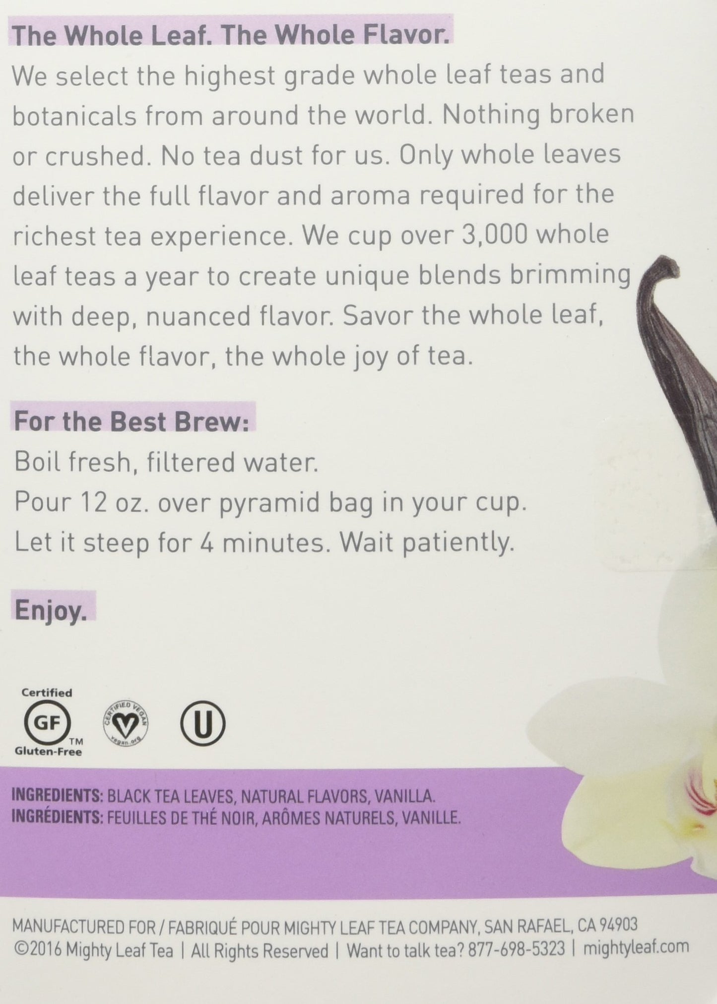Mighty Leaf Whole Leaf Tea, Vanilla Bean, 15 Tea Bags Individual Pyramid-Style Tea Sachets of Caffeinated Black Tea with Vanilla and Natural Flavors