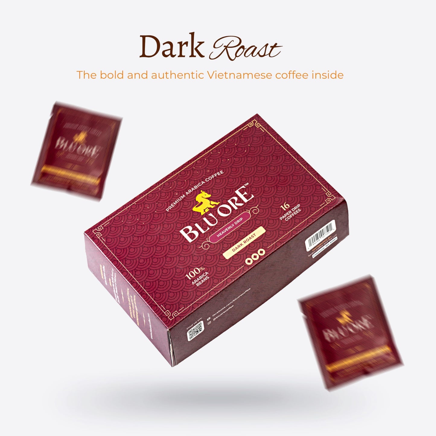 Blu Ore Premium Vietnamese Coffee - Single Serve Pour Over (16 Pack) - 100% Arabica Drip Bag Coffee, Eco-Friendly Filter, Travel Friendly, No
