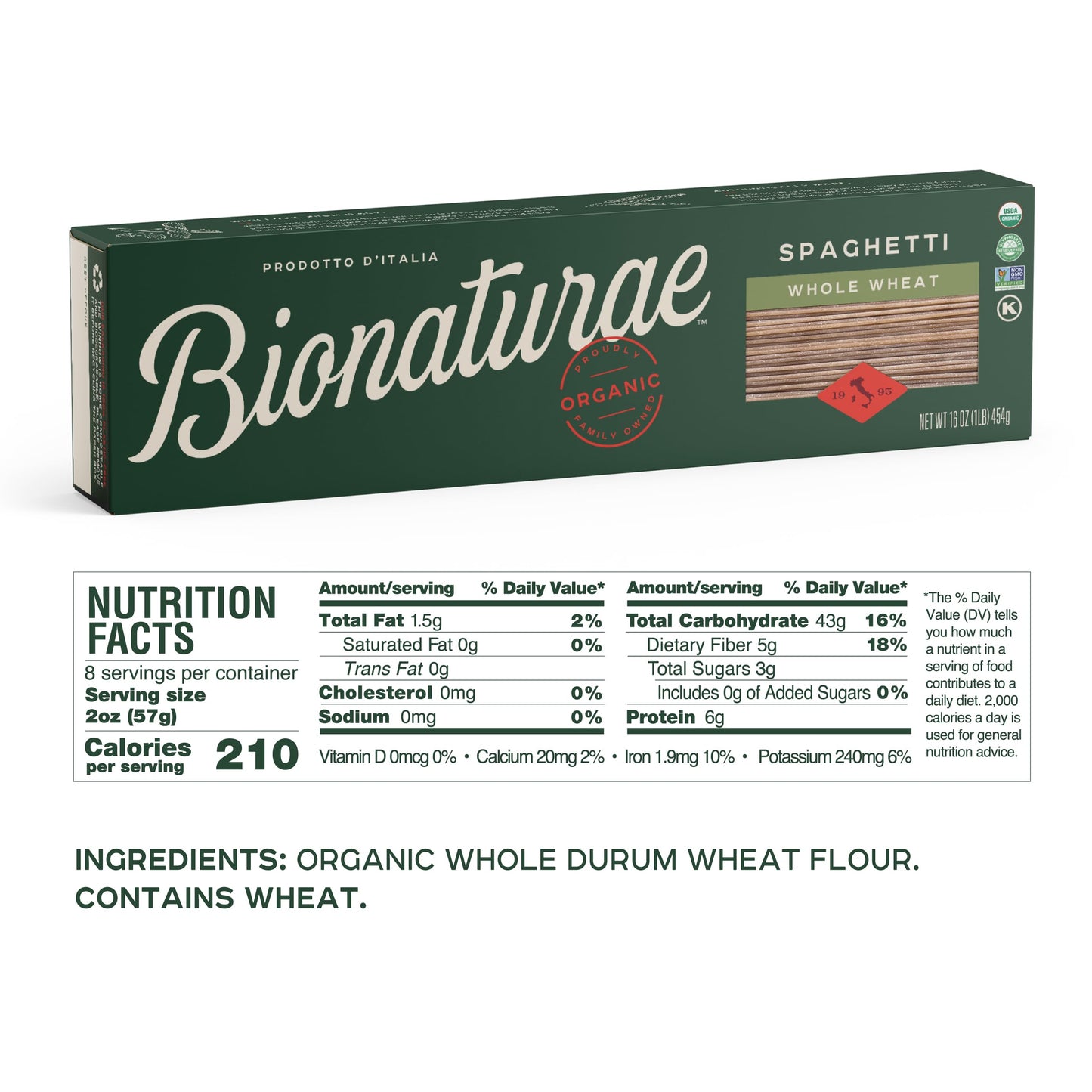 Bionaturae Spaghetti Pasta Noodles - Whole Wheat Pasta, Kosher Certified, High Protein, Non-GMO, USDA Certified, Whole Wheat Spaghetti, Spaghetti