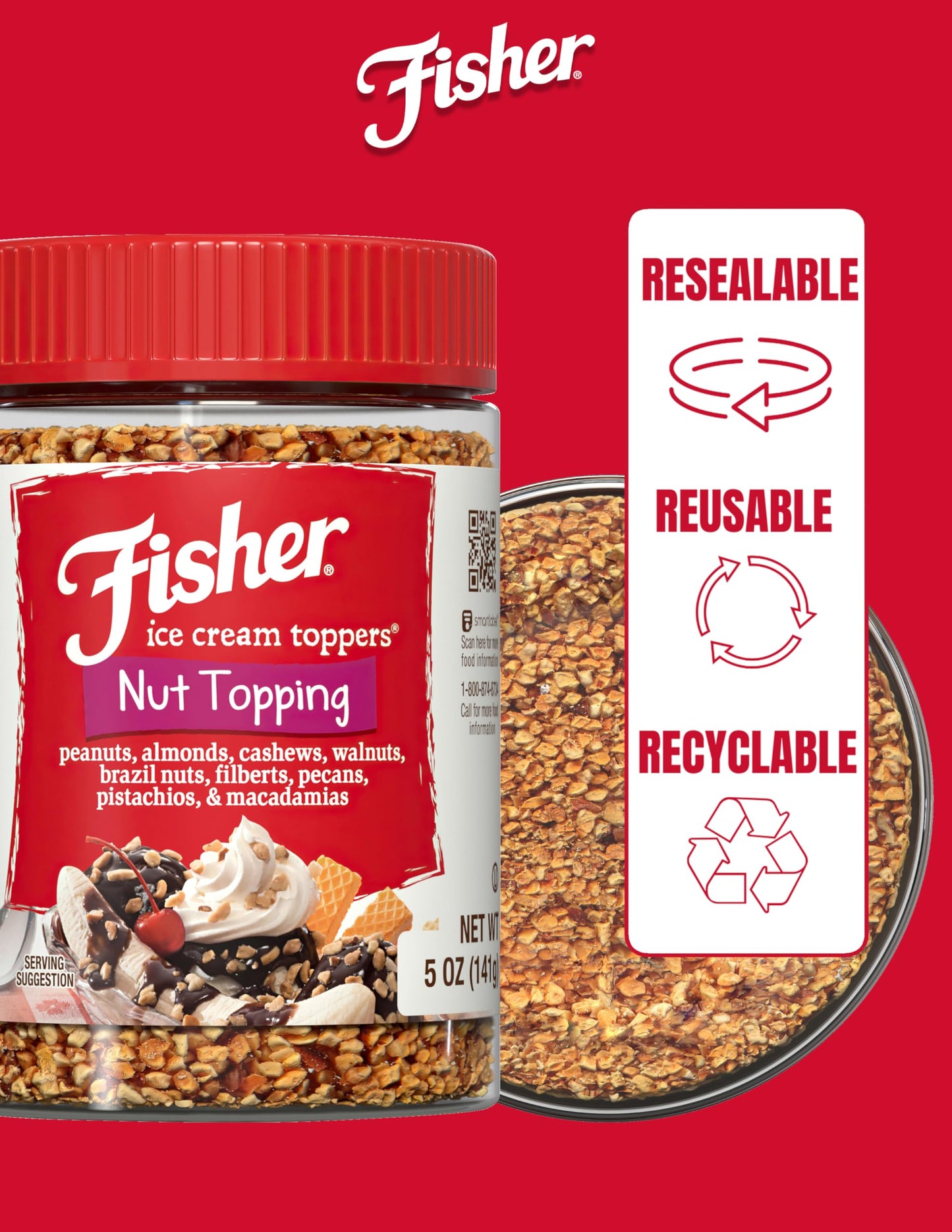 Fisher Mixed Nuts Ice Cream Topping, 5 oz, Peanuts, Almonds, Cashews, Walnuts, Brazil Nuts, Filberts, Pecans, Pistachios & Macadamias, Gluten-Free, No