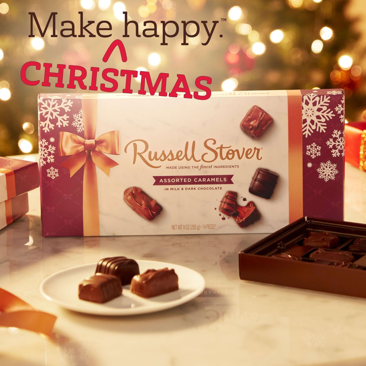 RUSSELL STOVER Christmas Assorted Caramels in Milk & Dark Chocolate Candy Gift Box, 9 oz.