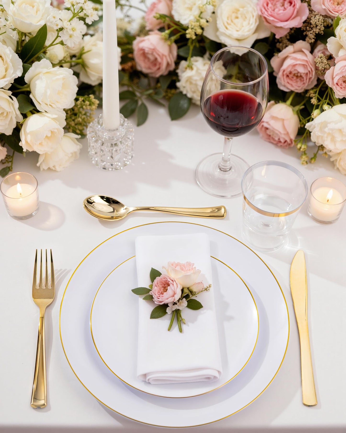 Nervure 125PCS Christmas Plastic Plates - Disposable White and Gold Rim Plates Include 25 Dinner Plate, 25 Salad Plate, 25 Forks, 25 Knives, 25 Spoons