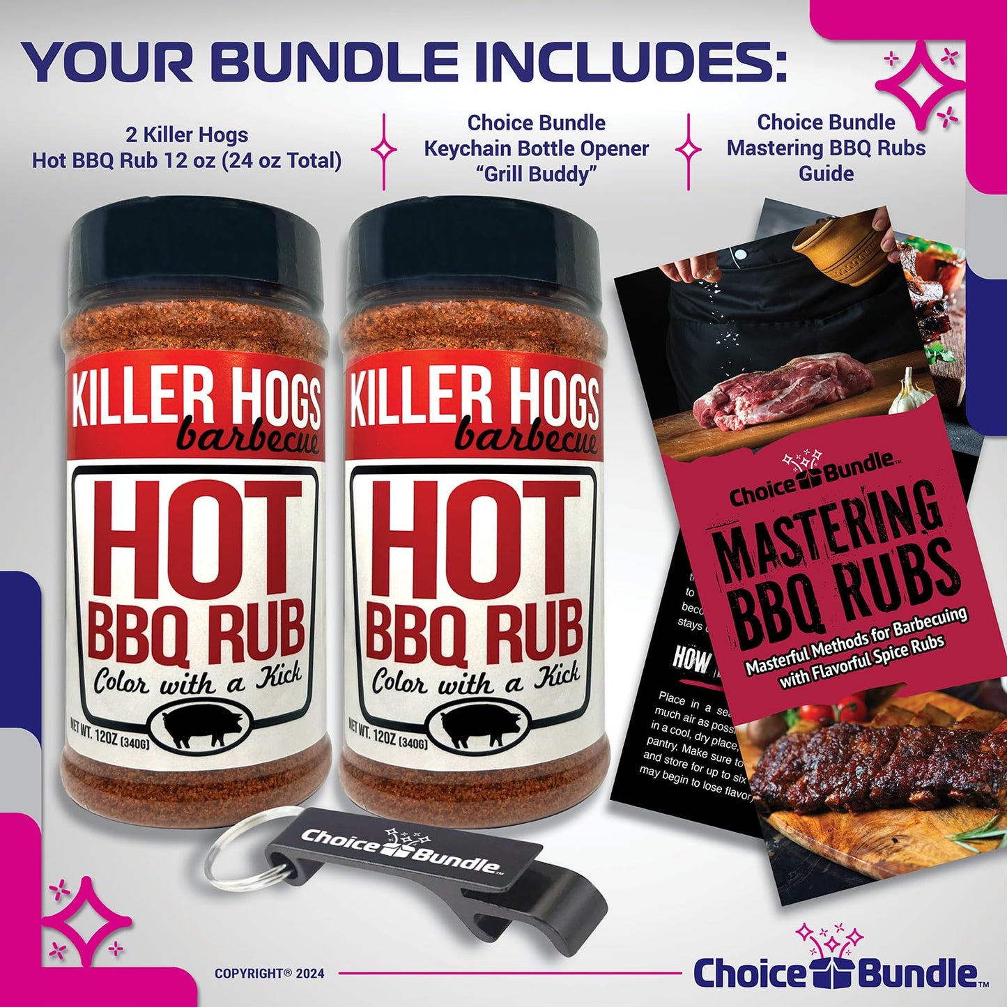 Killer Hogs Hot BBQ Rub Premium Barbecue Rub & Seasoning 2 pk (24 oz) + Guide & Bottle Opener (4 Items)!