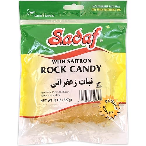 Sadaf Rock Candy with Saffron - Saffron Rock Candy for Tea and Coffee - Food Flavoring Rocks- 8 Oz Resealable Bag
