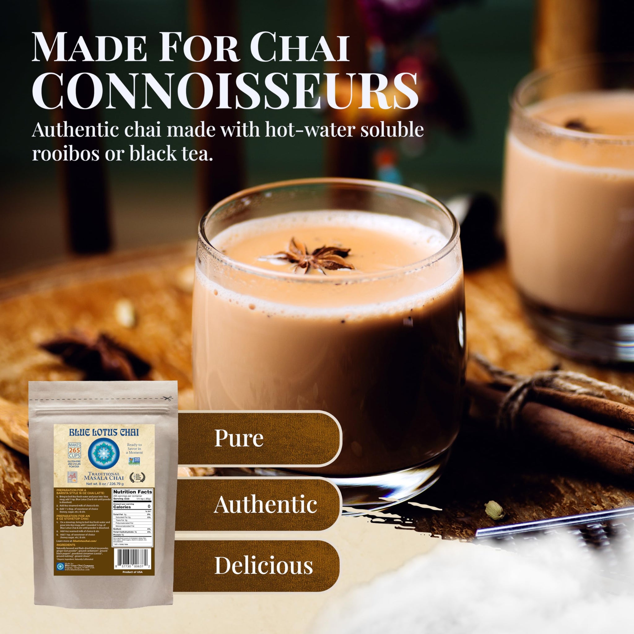 Blue Lotus Chai - Traditional Masala Chai - Makes 265 Cups - Just Add Hot Water, No Steeping, No Gluten - 8 Ounce Masala Spiced Chai Powder
