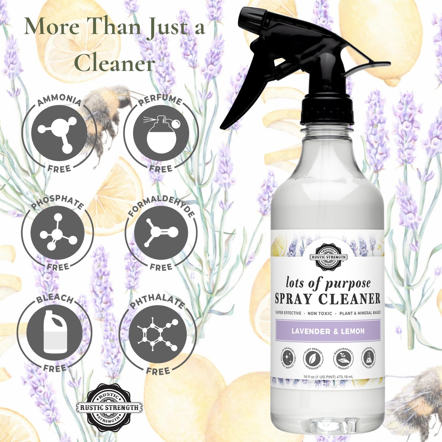 Rustic Strength Lots of Purpose Spray Cleaner with Lavender and Lemon Essential Oils, Multi-Purpose, Plant Based, Non-Toxic, 16 Fl Oz