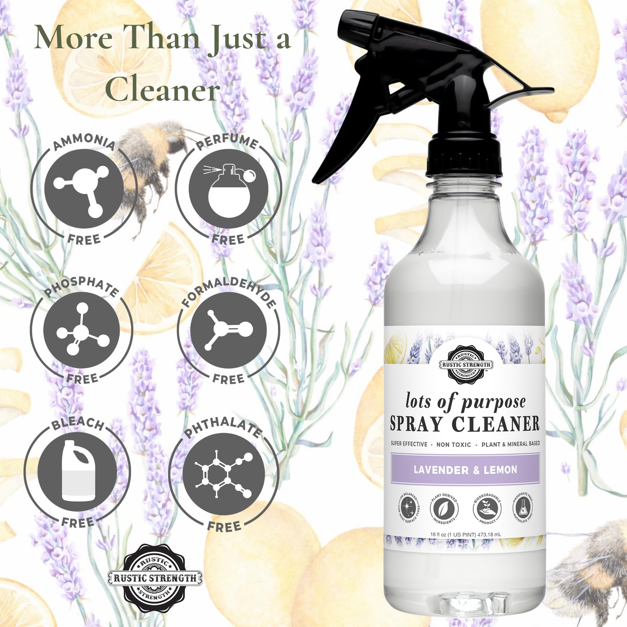 Rustic Strength Lots of Purpose Spray Cleaner with Lavender and Lemon Essential Oils, Multi-Purpose, Plant Based, Non-Toxic, 16 Fl Oz