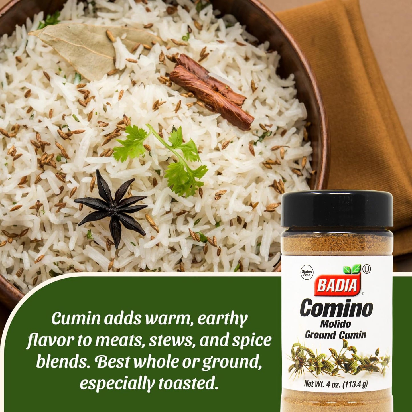 Badia Ground Cumin, 4 oz - Comino Molido, Warm & Earthy Spice for Latin, Indian & Mediterranean Dishes