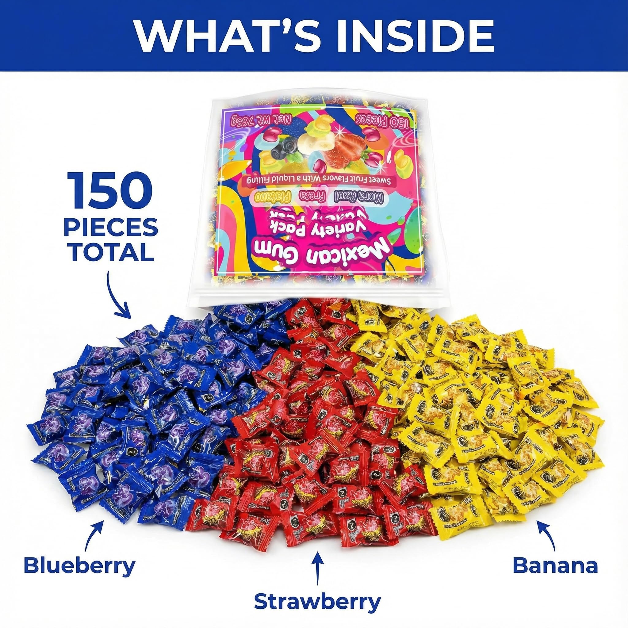 Mexican Bubble Gum Variety Pack, 150 Pcs. Authentic Bubblegum Fruit Flavors, Banana, Strawberry, and Blueberry, by Don Turinos