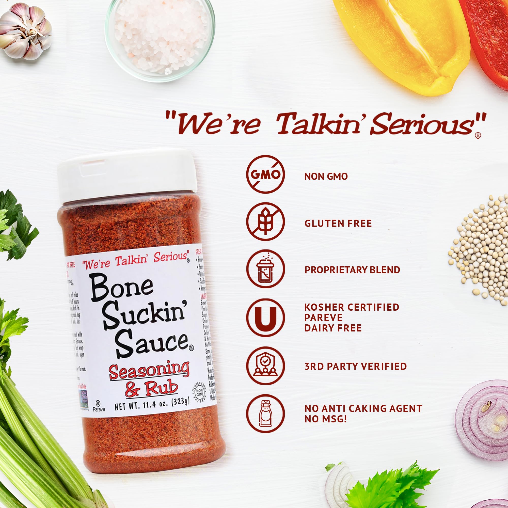 Bone Suckin' Seasoning & Rub, Original Blend, Grilling Rubs, Dry Pork Rub, Gluten-Free, Non-GMO, Kosher, Great on Ribs, Pork, Beef, Chicken, Seafood