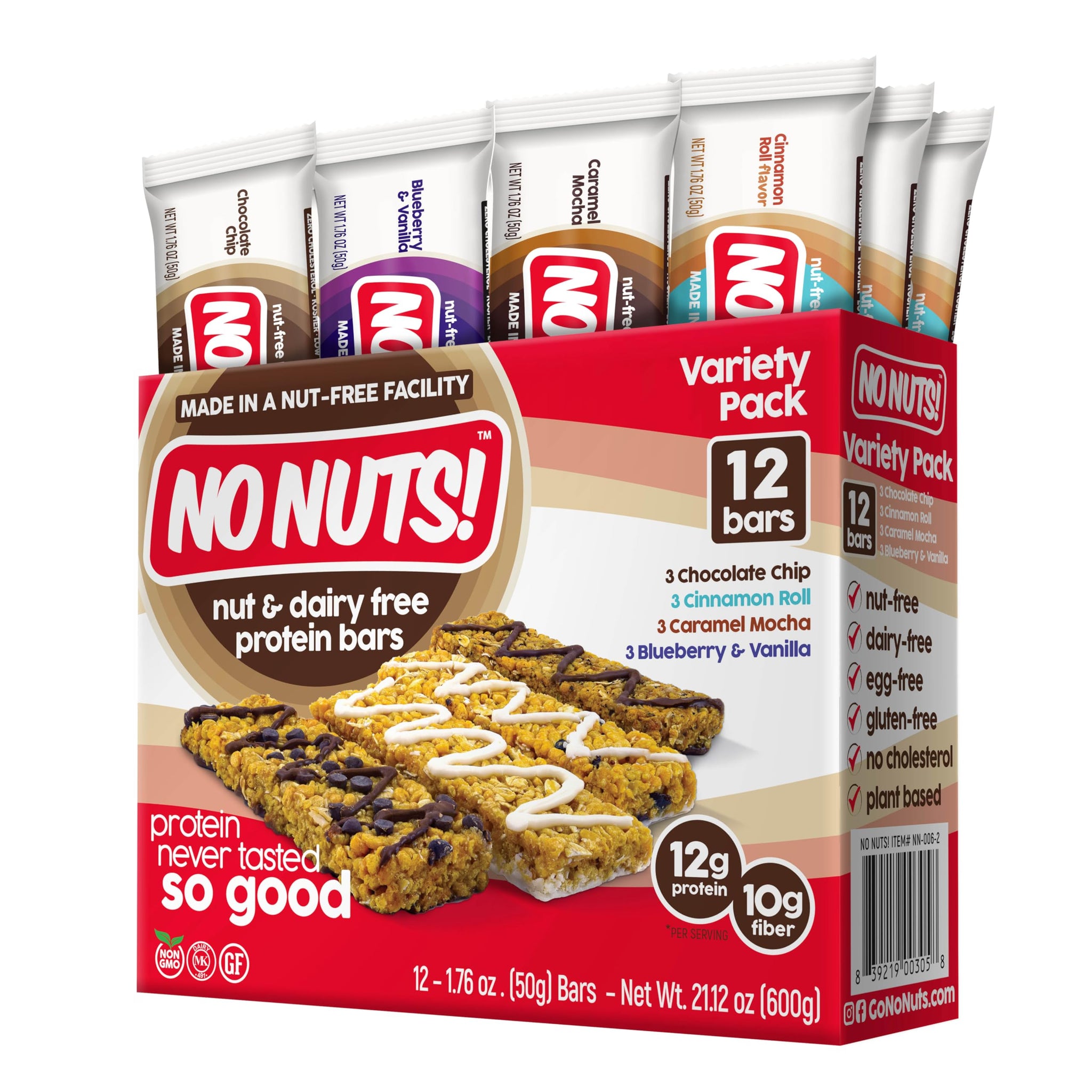 No Nuts! Protein Bar Variety Pack - 12 Count | Nut-Free & School-Safe | Chocolate Chip, Caramel Mocha, Cinnamon Roll & Blueberry Vanilla | Dairy-Free