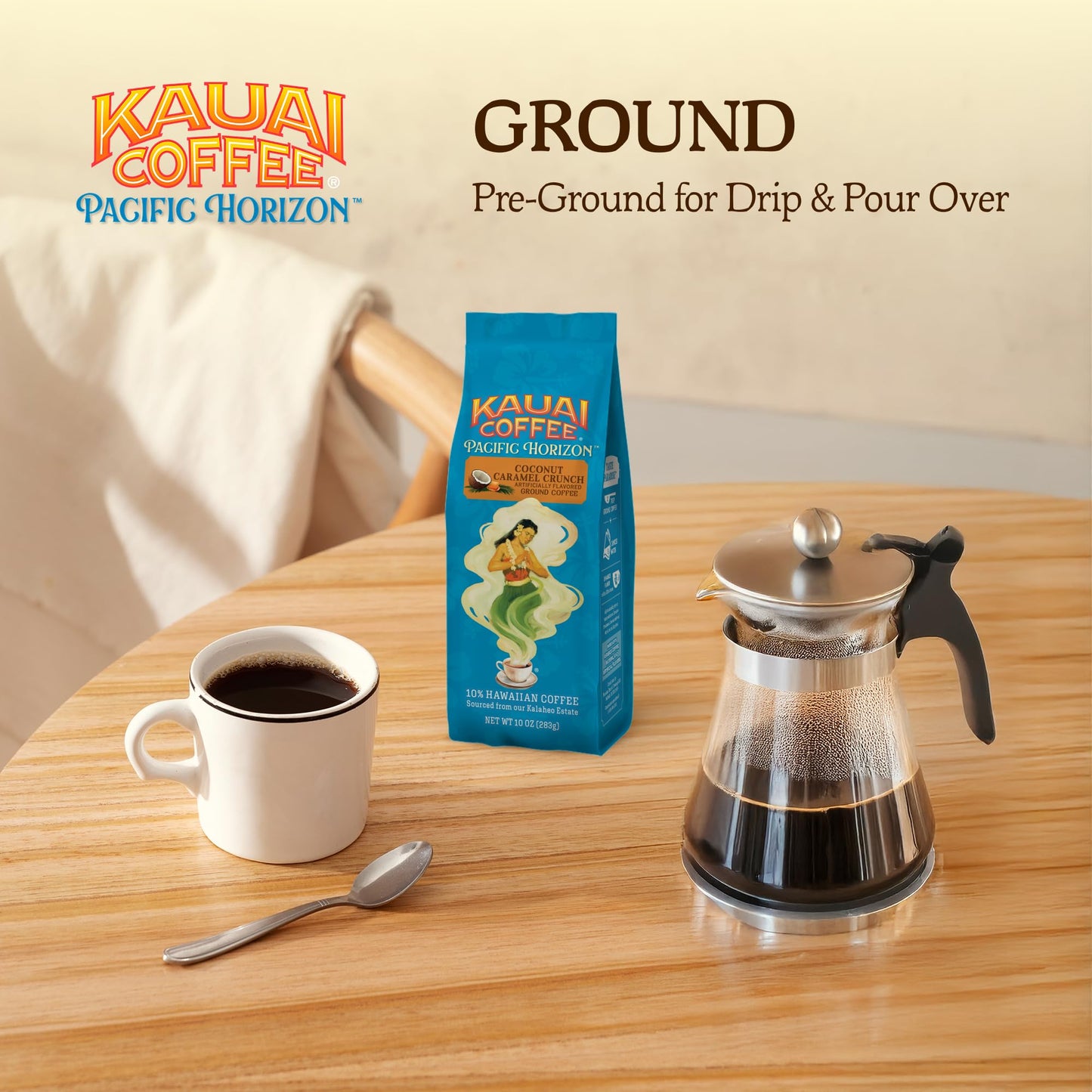 Kauai Coffee Ground Coffee - Smooth, Rich, Medium Roast - Nutty Caramel and Tropical Coconut - Arabica Coffee, 10% Hawaiian with No Bitterness