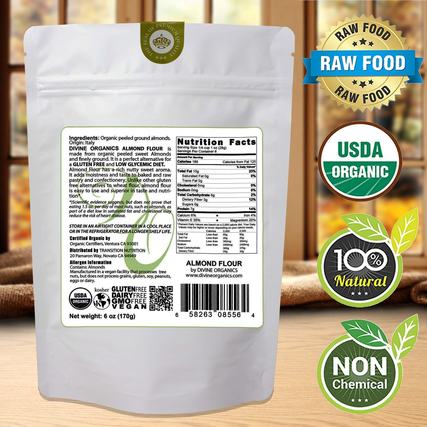 6 oz Organic Almond Flour Powdered Gluten Free Low Glycemic Non-GMO by Divine Organics