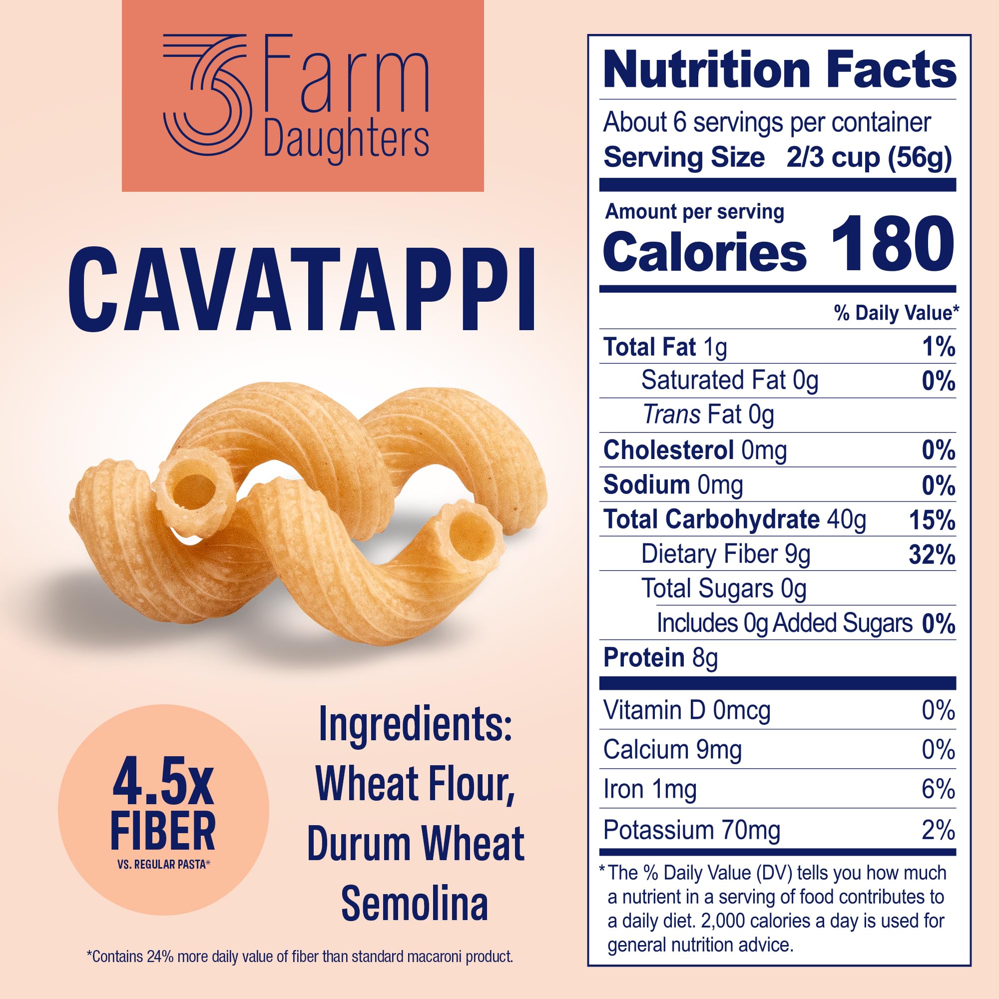 Three Farm Daughters High Fiber Pasta Cavatappi Pack, Low GI, Non GMO Cavatappi Pasta Noodles, Low Net Carb, Made in the USA, 12 oz. (2 Pack)