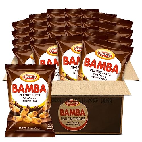 Osem Bamba Peanut Butter Puffs with Creamy Hazelnut Filling - Kosher Crunchy PB Snack with Chocolate Center, Oven Baked Treat with a Crunch - 2.1 oz