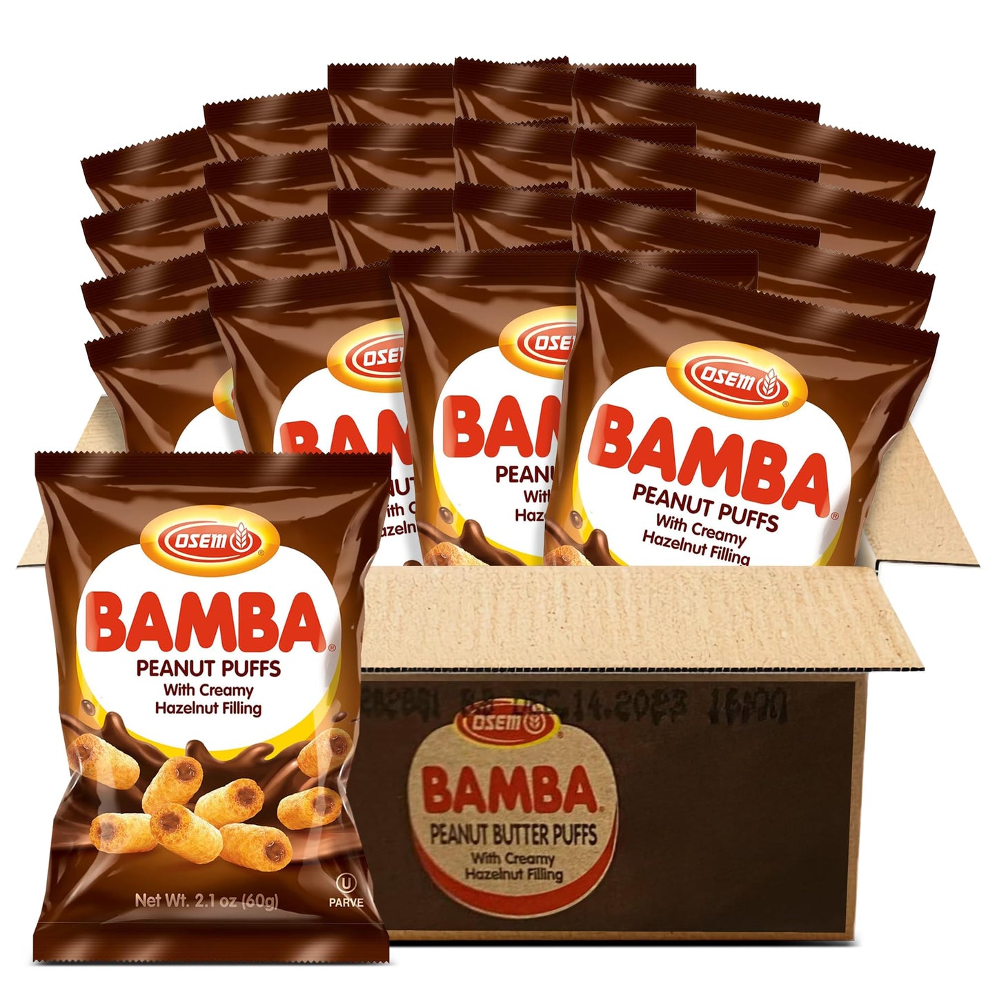 Osem Bamba Peanut Butter Puffs with Creamy Hazelnut Filling - Kosher Crunchy PB Snack with Chocolate Center, Oven Baked Treat with a Crunch - 2.1 oz