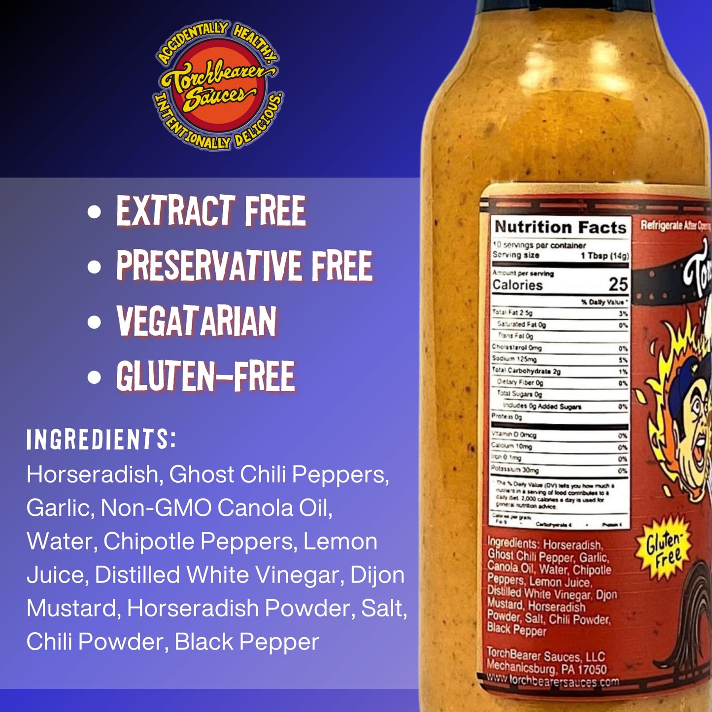 TorchBearer Sauces Headless Horseradish Ghost Pepper Hot Sauce 5oz, Heat level 6 - Featured on Hot Ones - All Natural, Extract-Free, Made in USA