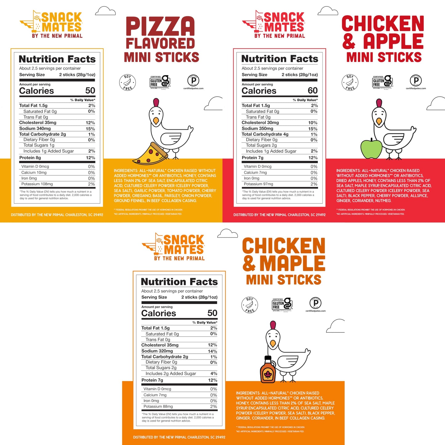 Snack Mates by New Primal Sampler Three Flavor Pack, Mini Chicken Sticks, High Protein and Low Sugar Kids Snack, Certified Gluten Free, Soy Free