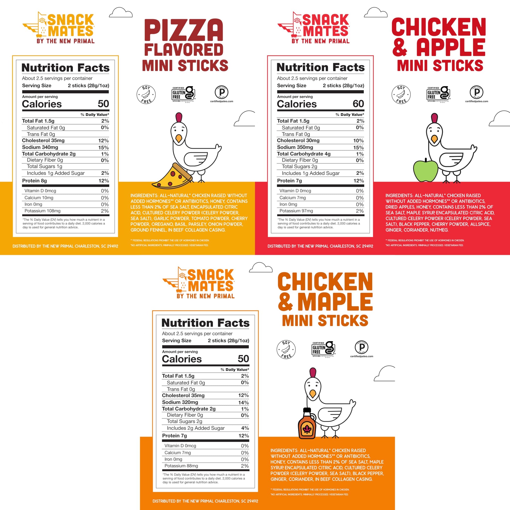 Snack Mates by New Primal Sampler Three Flavor Pack, Mini Chicken Sticks, High Protein and Low Sugar Kids Snack, Certified Gluten Free, Soy Free
