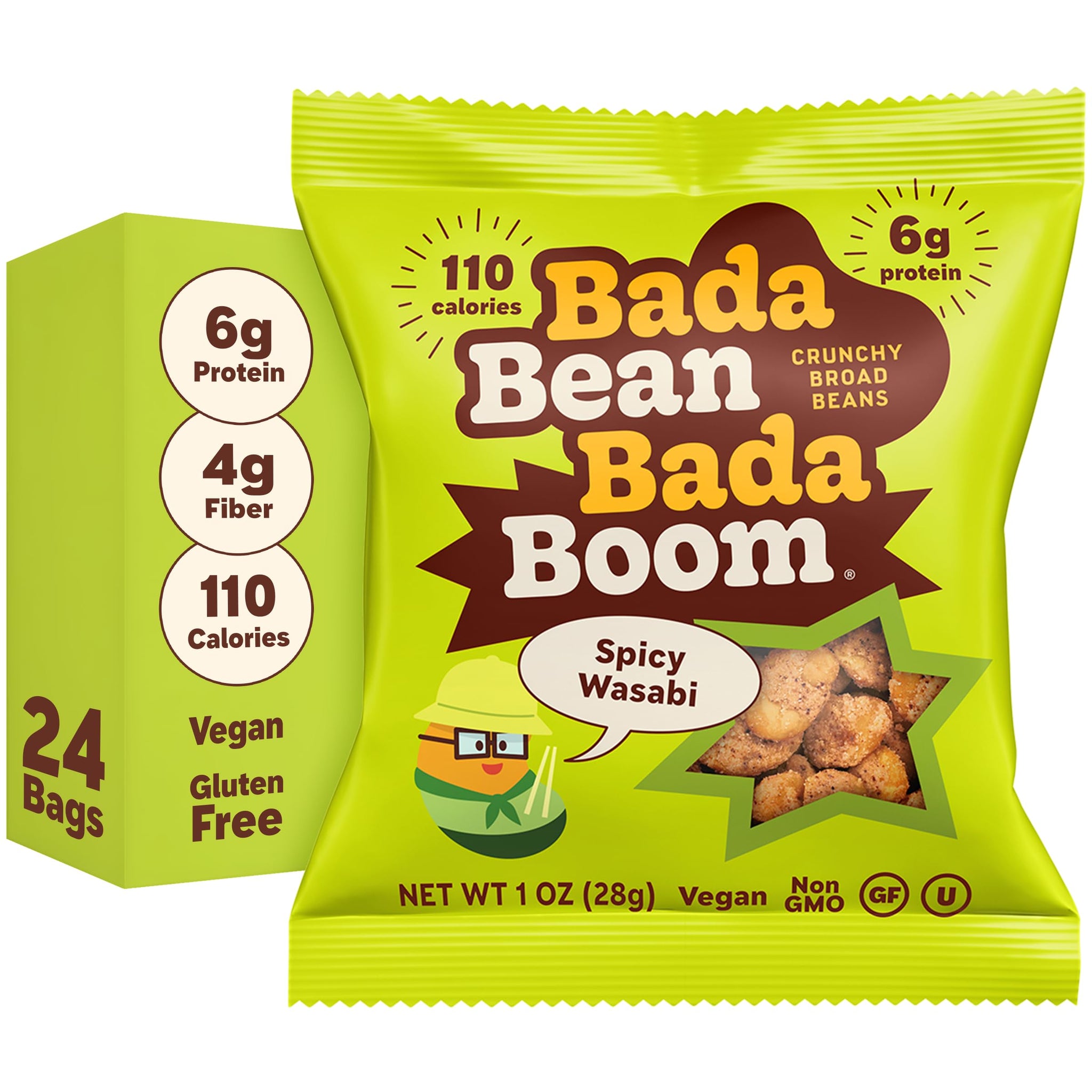 Bada Bean Bada Boom, Crunchy Roasted Broad Bean Snacks (Fava), High Protein, Vegan, Gluten-free - 110 Calorie Packs, Spicy Wasabi, 1 Ounce (Pack