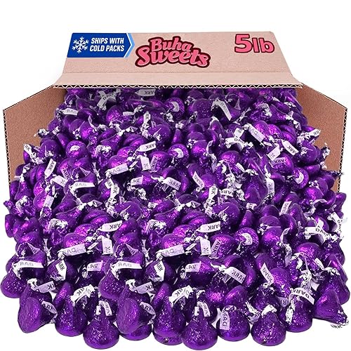 Bulk Dark Chocolate Kisses Candy 5 Pound Pack - Individually Wrapped Purple Foiled Chocolate Candy Mildly Sweet Treats for Sharing, Party Favors