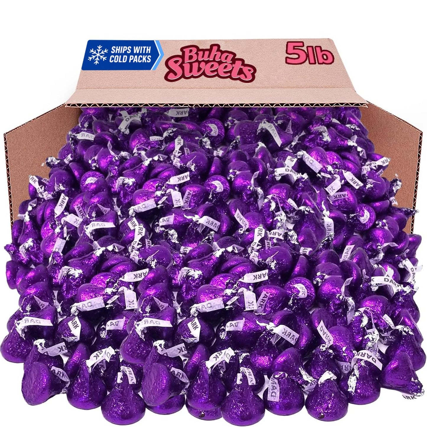 Bulk Dark Chocolate Kisses Candy 5 Pound Pack - Individually Wrapped Purple Foiled Chocolate Candy Mildly Sweet Treats for Sharing, Party Favors