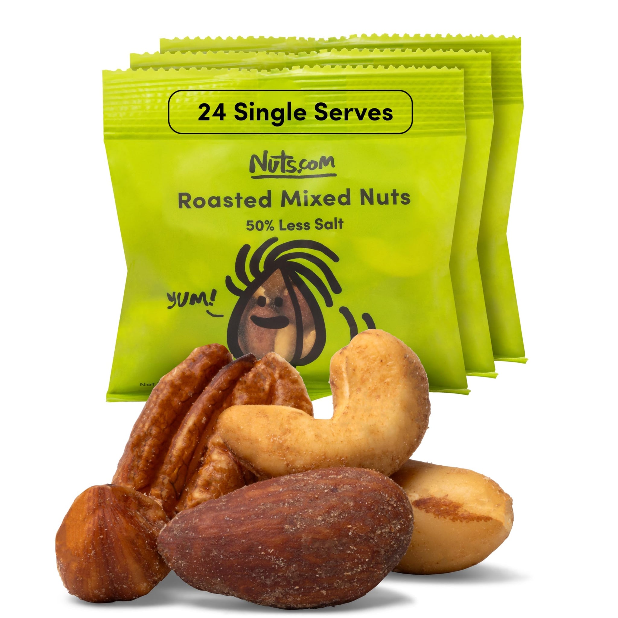 Nuts.com Roasted Mixed Nuts (50% Less Salt) - 24 Single Serve Snack Packs - Almonds, Cashews, Pecans, Brazil Nuts, Hazelnuts - Gluten-Free, Kosher, No