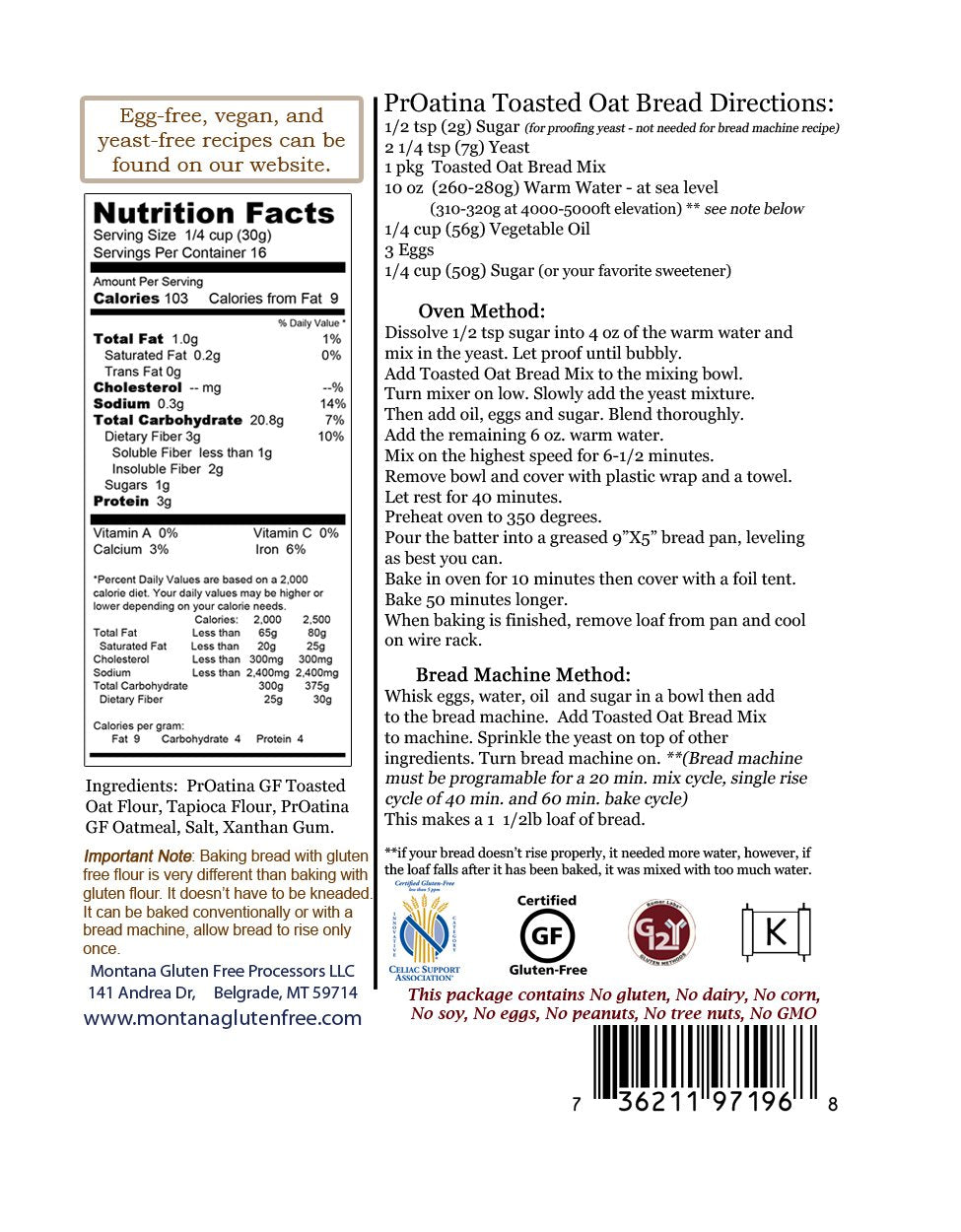 Gluten Free Toasted Oat Bread Mix - 4 Pack