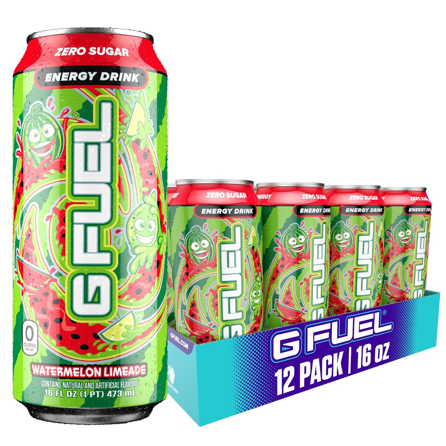 G Fuel Energy Drink, Watermelon, Sugar Free Beverage with 300mg Caffeine, Daily Energy Boost with Focus Amino, Vitamin + Antioxidants, 16 oz Cans