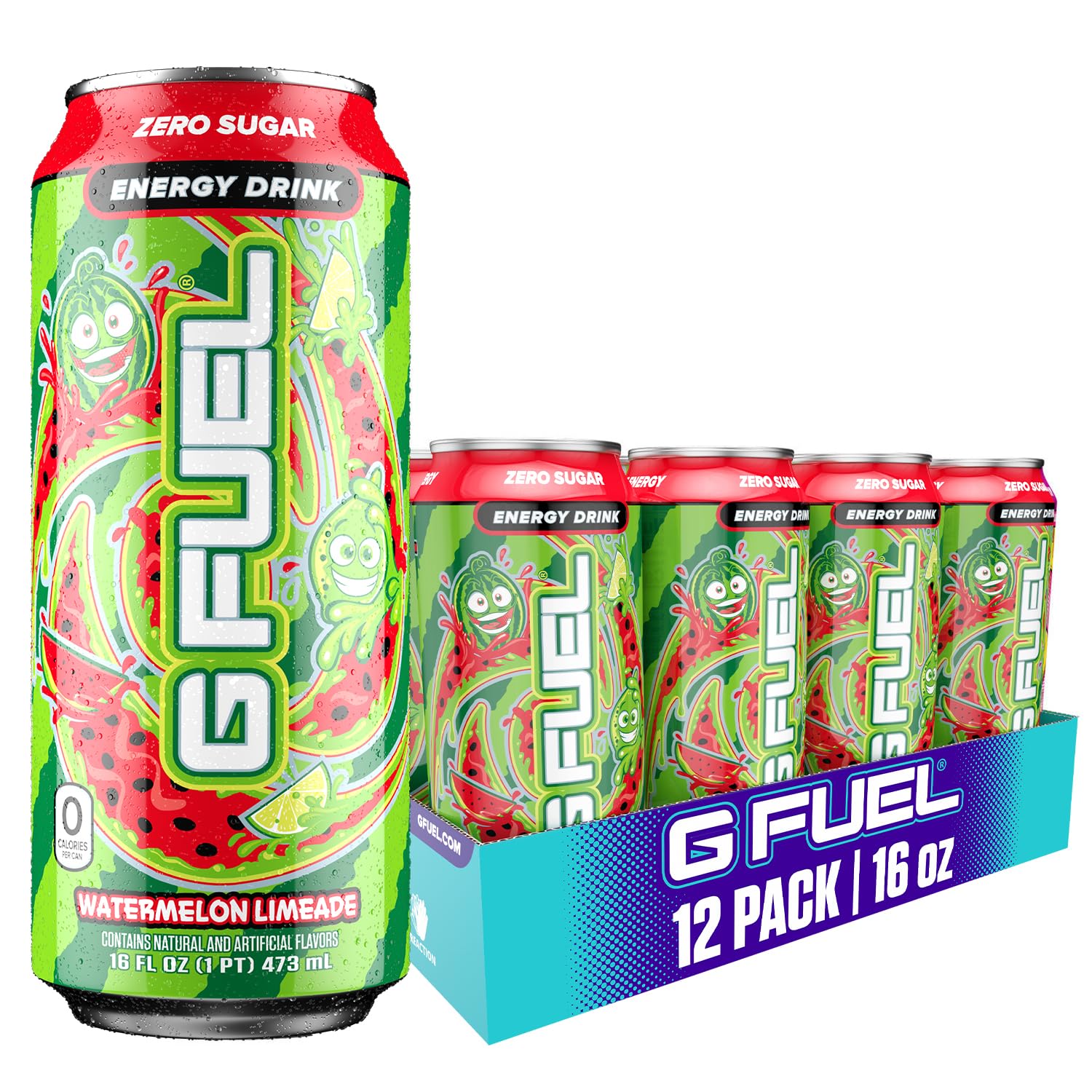 G Fuel Energy Drink, Watermelon, Sugar Free Beverage with 300mg Caffeine, Daily Energy Boost with Focus Amino, Vitamin + Antioxidants, 16 oz Cans