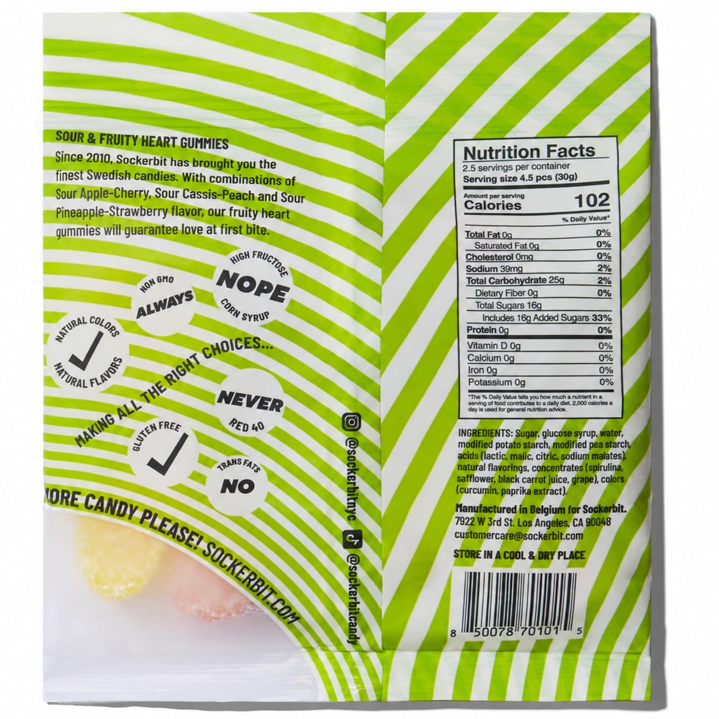 Sockerbit Swedish Candy Fruity Heart Candy, 5 Bags, Sweet & Sour Mix, Apple Cherry, Cassis Peach & Pineapple Strawberry, Sugar-Coated, Vegan, Gluten